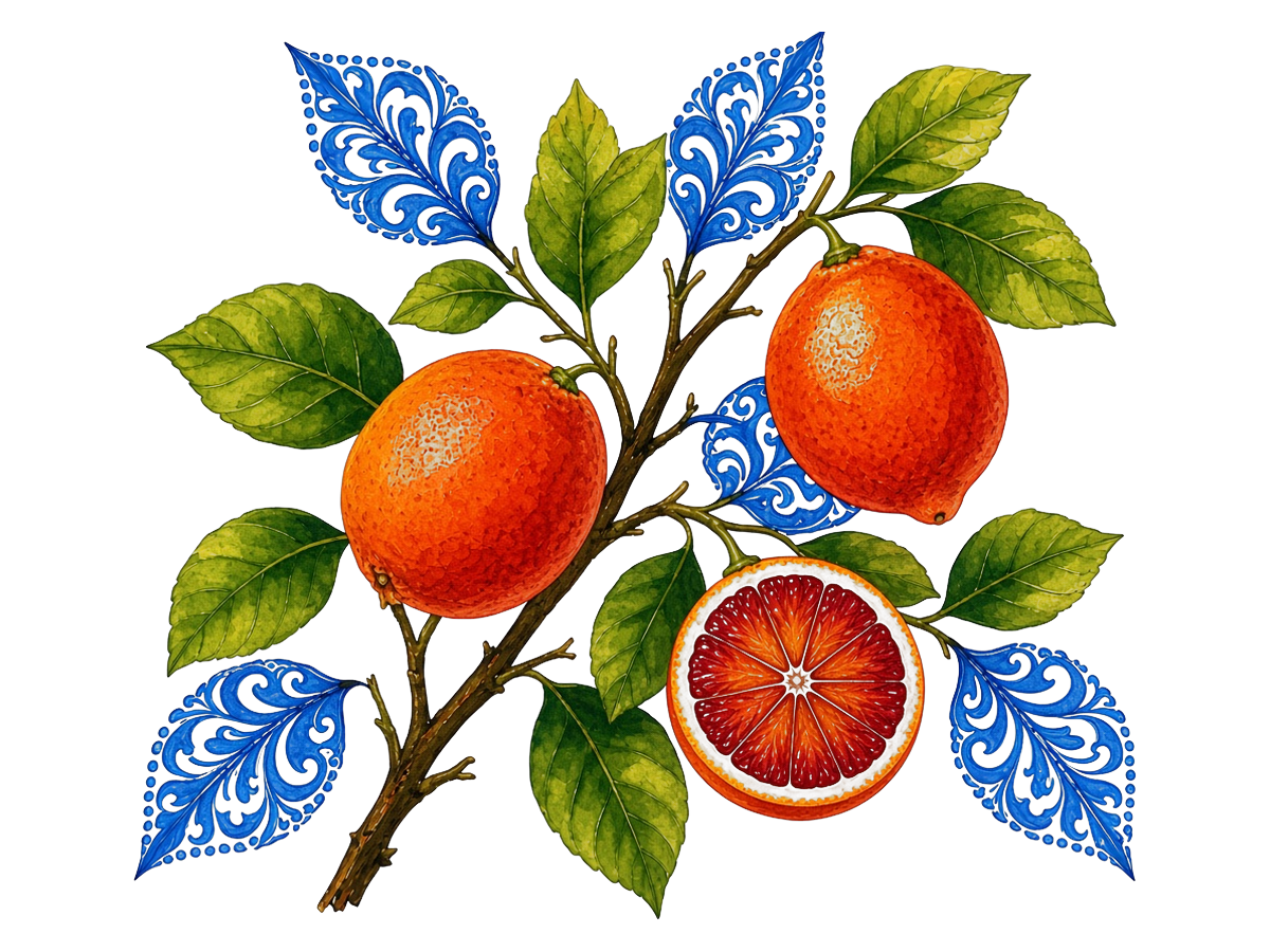 Watercolour of a lemon branch with three lemons; some of the leaves are painted with blue majolica patterns